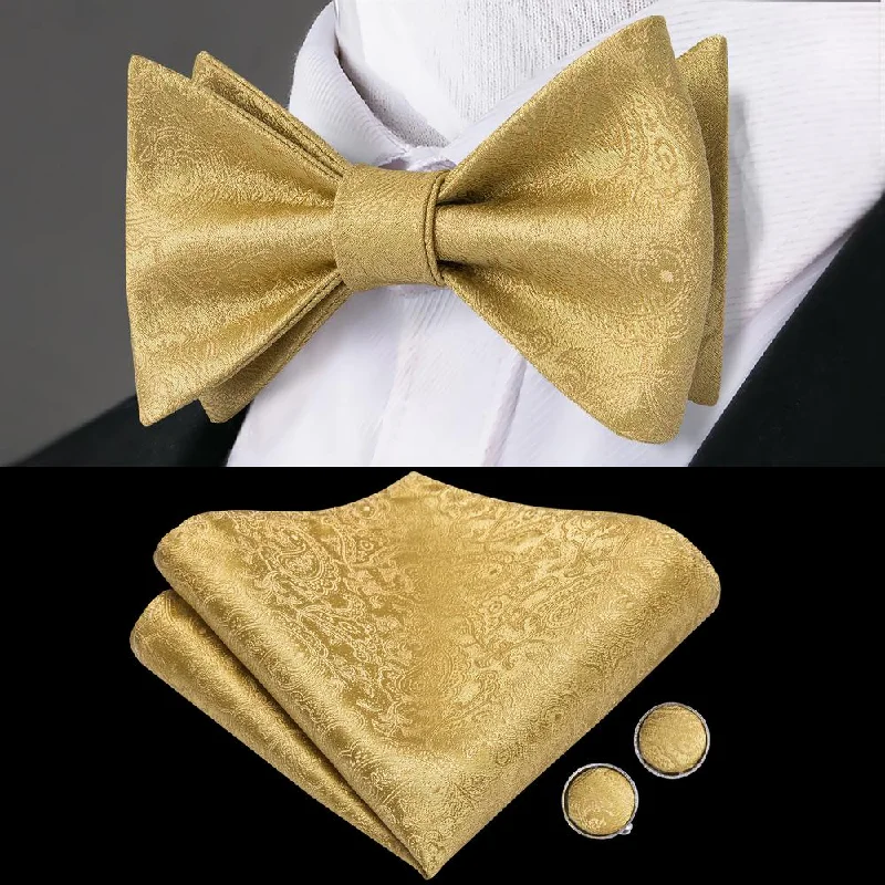 formal event bow ties-King Gold Solid Self-tied Bow Tie Pocket Square Cufflinks Pin Set