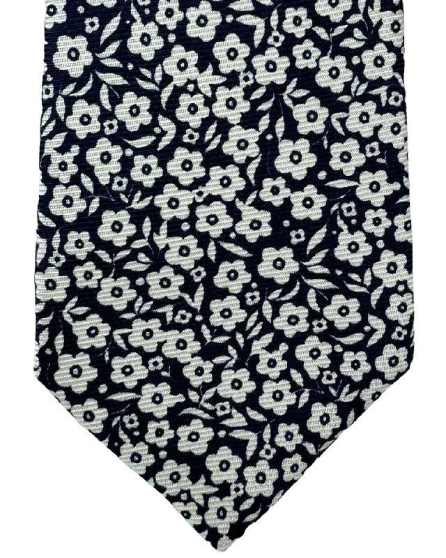 luxury designer bow ties-Kiton Silk Tie Dark Blue White Floral - Sevenfold Necktie