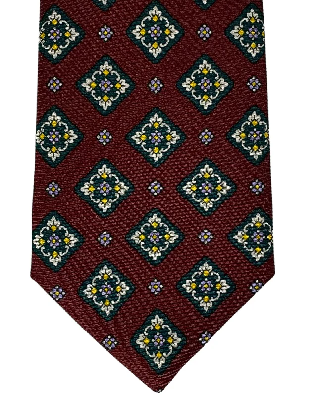 luxury silk bow ties for men-Kiton Tie Maroon Navy Medallion - Narrow Sevenfold Necktie SALE