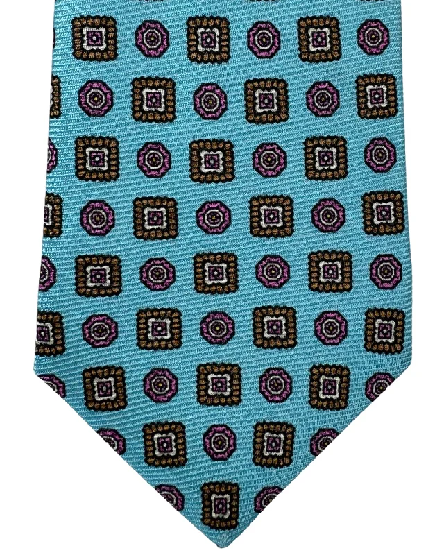 premium silk ties for weddings-Kiton Tie Sky Blue Pink Brown Medallions - Sevenfold Necktie