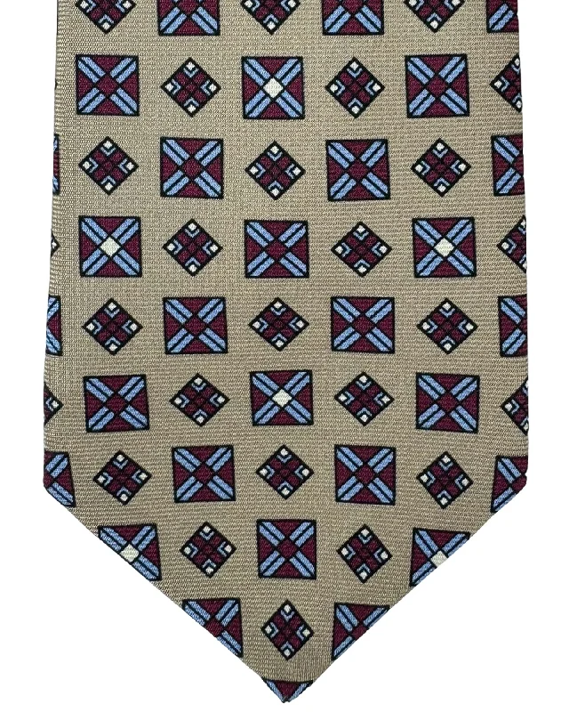 formal silk necktie collections-Kiton Tie Taupe Maroon Blue Geometric - Sevenfold Necktie