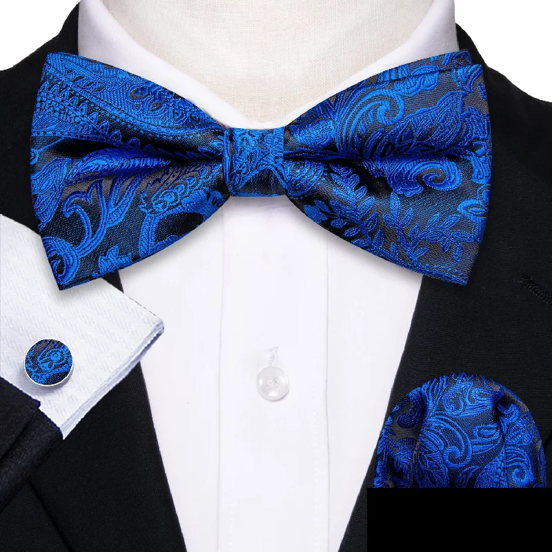 silk ties for casual wear-Klein Blue Black Paisley Men Pre-tied Bowtie Pocket Square Cufflinks Set