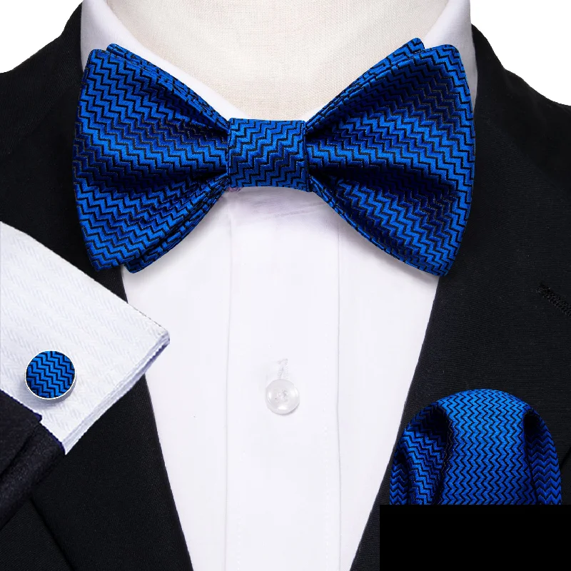 stylish slim neckties for men-Klein Blue Novelty Self-tied Bow Tie Pocket Square Cufflinks Set