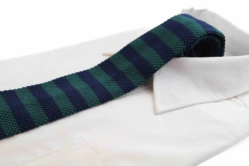 necktie designs for business events-Knitted Thick Bottle Green & Navy Striped Patterned Neck Tie