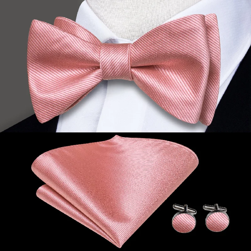 silk bow ties for business meetings-Leather Pink Solid Self-tied Bow Tie Pocket Square Cufflinks Set