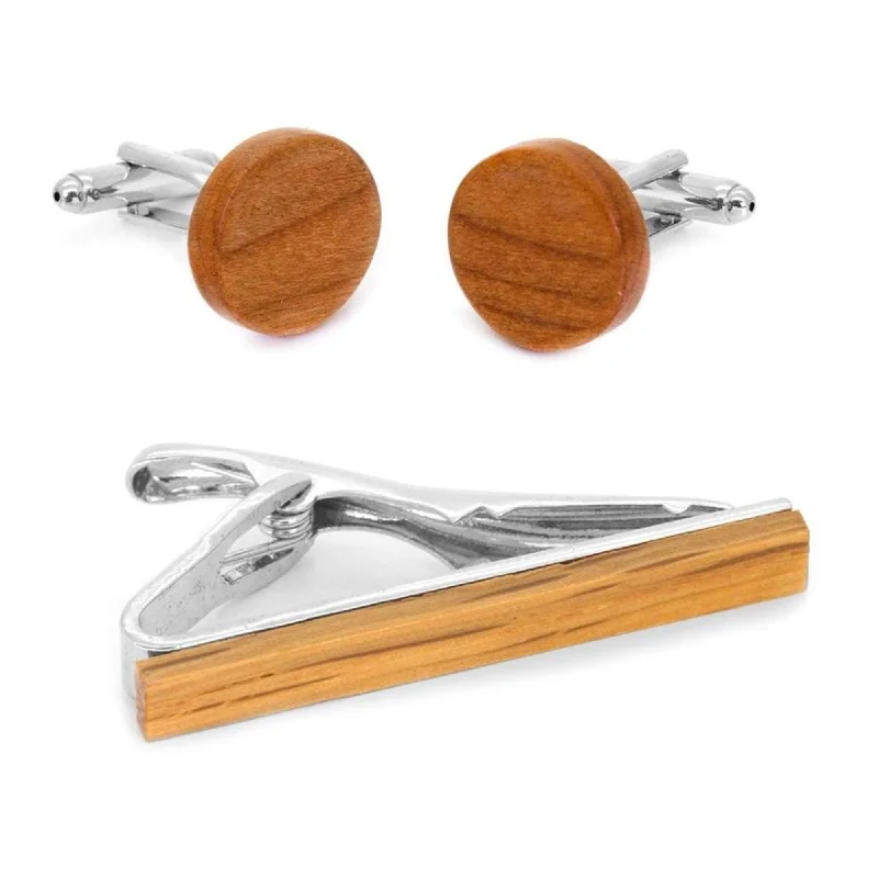 luxury business necktie sets-Light Brown Wood Cufflinks & Tie Clip Set