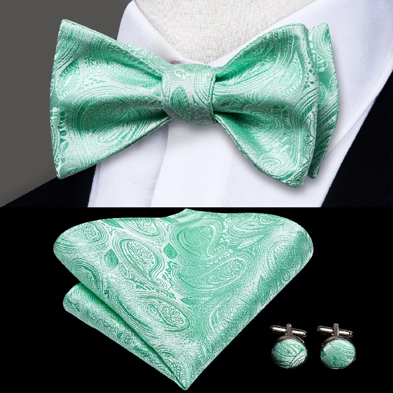 men's necktie sets for weddings-Light Green Paisley Self-tied Silk Bow Tie Pocket Square Cufflinks Set