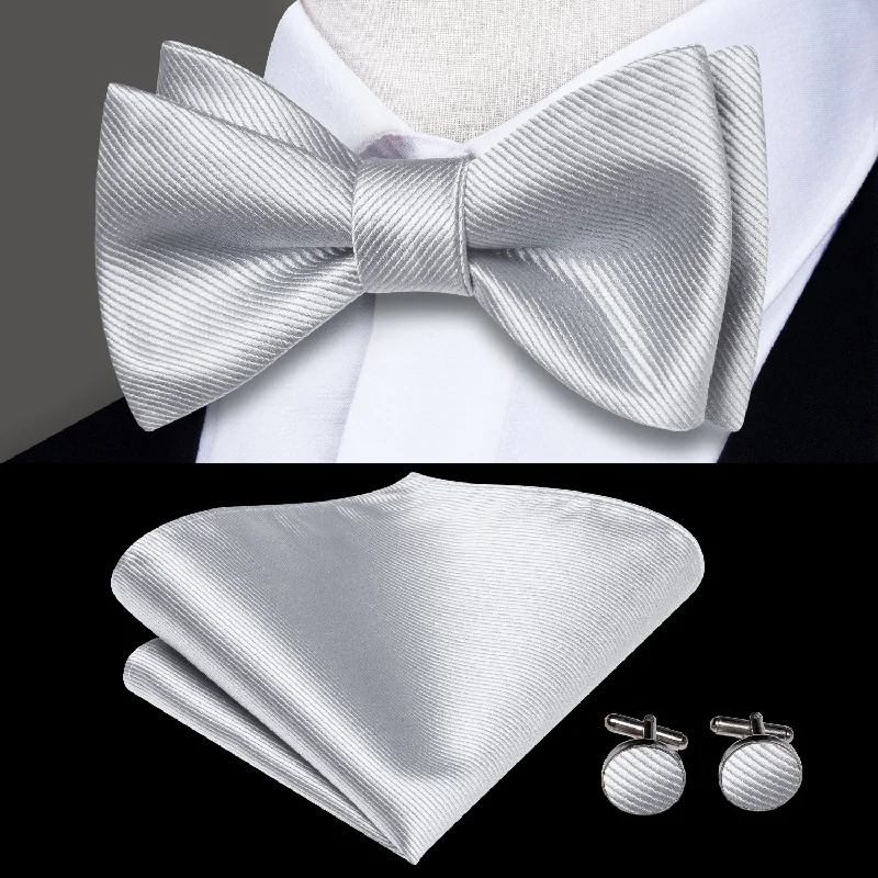 silk ties for luxury events-Light Grey Solid Self-tied Bow Tie Pocket Square Cufflinks Set