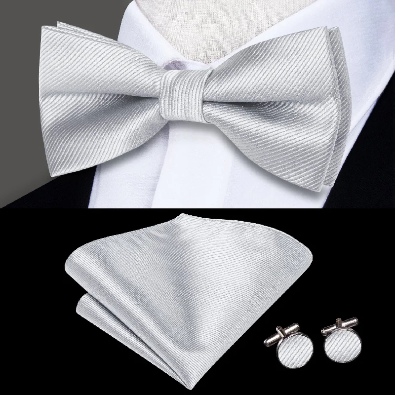 casual wedding neckties for men-Light Grey Striped Men's Pre-tied Bowtie Pocket Square Cufflinks Set