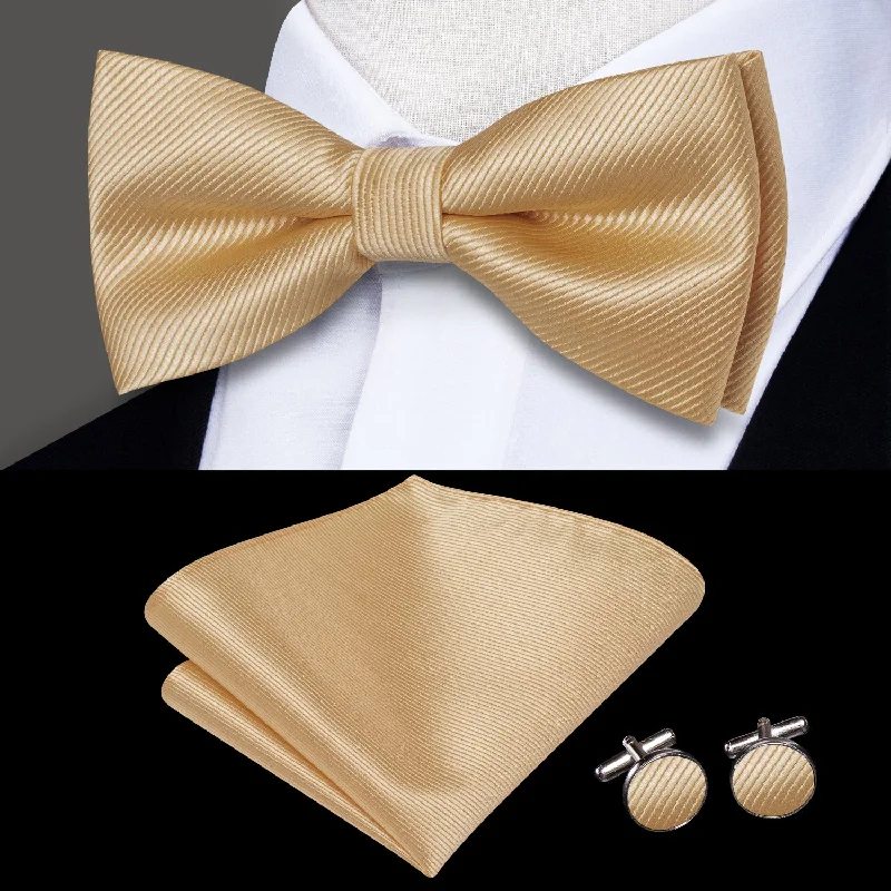 high-quality silk necktie sets-Light Khaki Striped Men's Pre-tied Bowtie Pocket Square Cufflinks Set