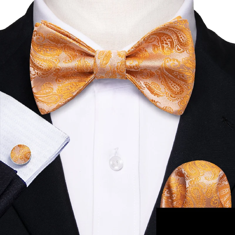 formal wedding tie ideas-Light Orange Paisley Self-tied Bow Tie Pocket Square Cufflinks Set