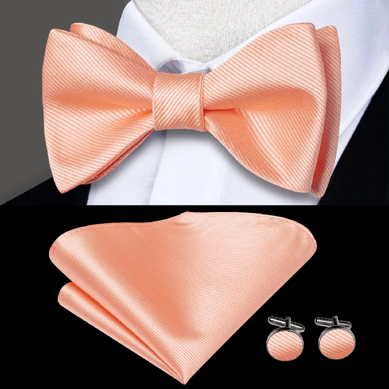 modern necktie ideas for work-Light Orange Pink Solid Self-tied Bow Tie Pocket Square Cufflinks Set