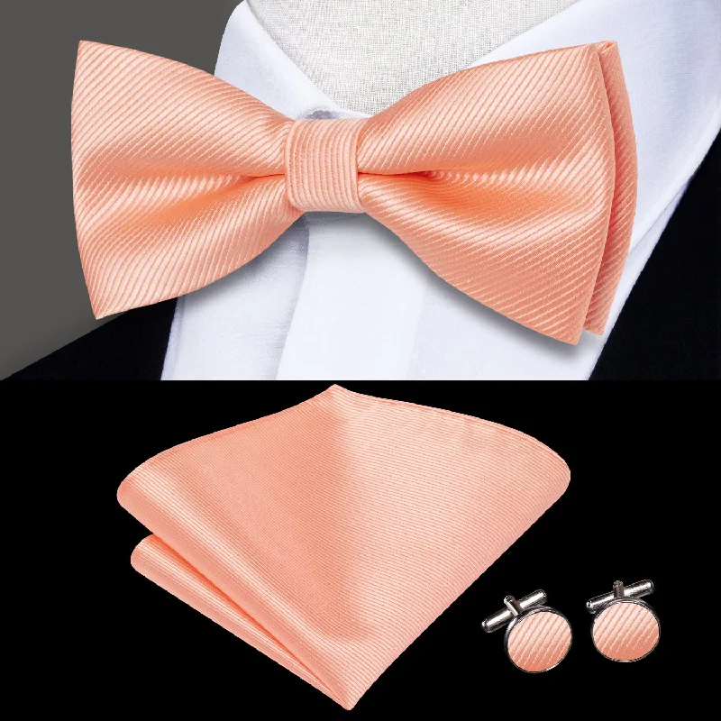 best quality business neckties-Light Pink Striped Men's Pre-tied Bowtie Pocket Square Cufflinks Set