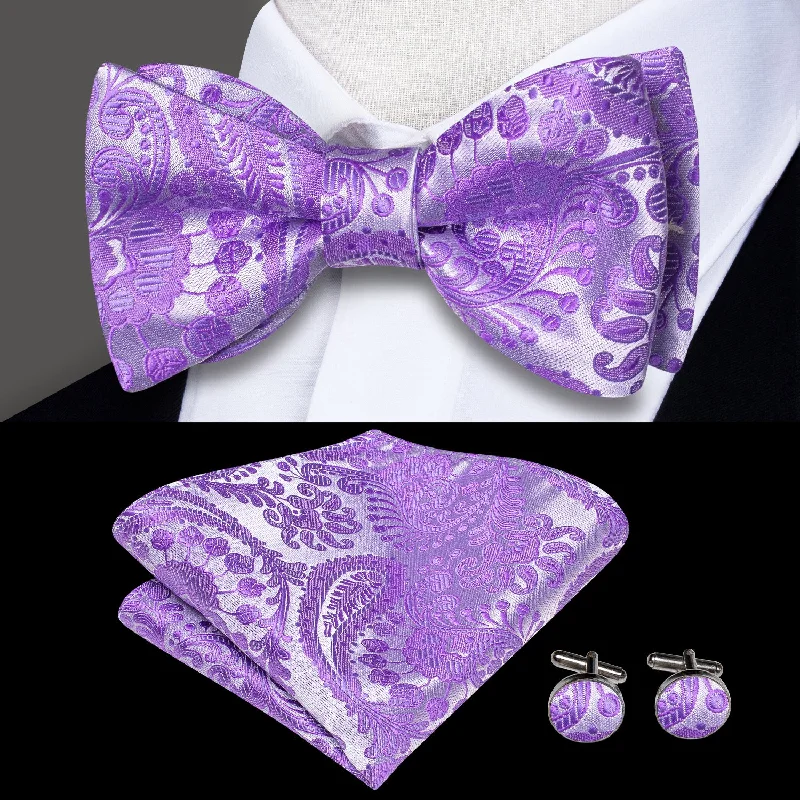 high-end wedding necktie sets-Light Purple Paisley Self-tied Bow Tie Pocket Square Cufflinks Set