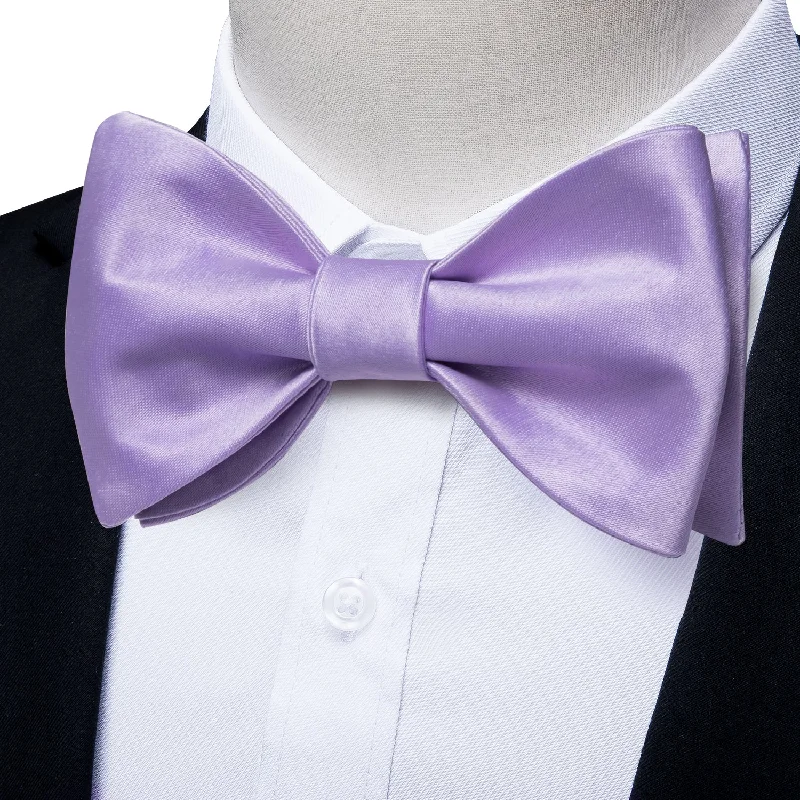 necktie designs for business events-Light Purple Solid Self-tied Bow Tie Pocket Square Cufflinks Set