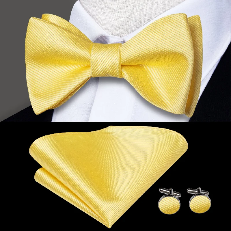 silk necktie options for office wear-Light Yellow Solid Self-tied Bow Tie Pocket Square Cufflinks Set