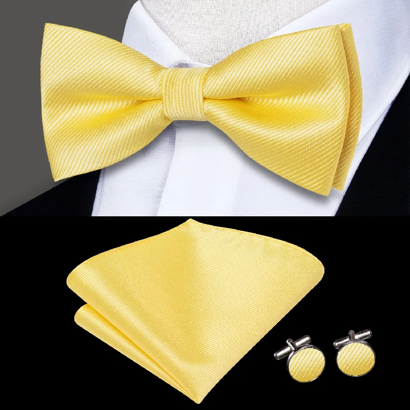 elegant silk ties for interviews-Light Yellow Striped Men's Pre-tied Bowtie Pocket Square Cufflinks Set