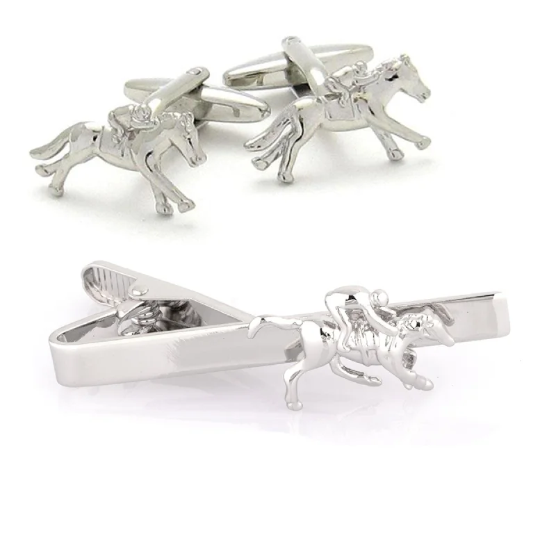 formal wedding tie ideas-Melbourne Cup Horse Jockey Cufflinks & Tie Clip Set