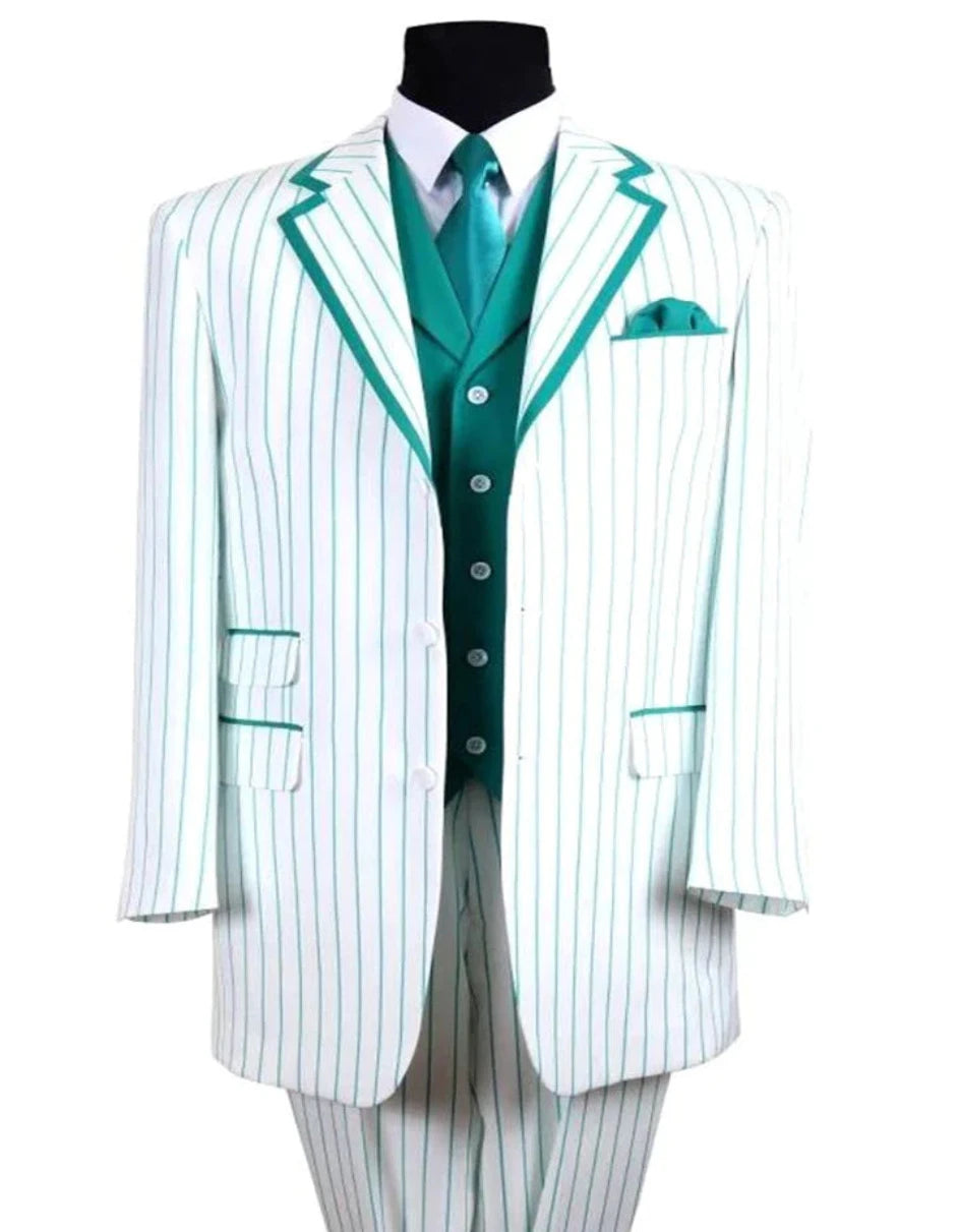 unique wedding tie designs for men-Mens 3 Button Vested Barbershop Quartet Suit In White With Turquoise Pinstripes