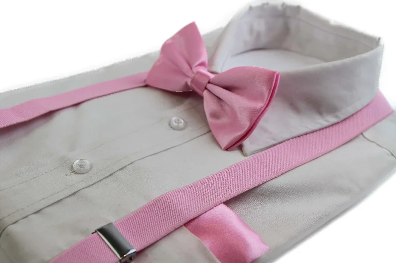 silk necktie bundles for men-Mens Baby Pink 100cm Suspenders & Matching Bow Tie & Pocket Square Set