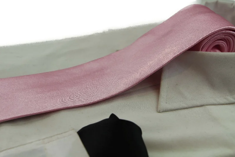 affordable designer neckties for men-Mens Light Pink 8cm Neck Tie & Black Pocket Square Set