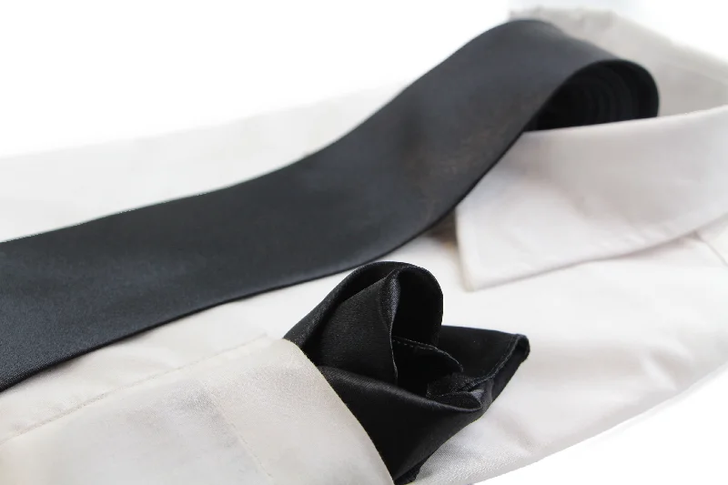 formal necktie sets for weddings-Mens Black 8cm Neck Tie & Matching Pocket Square Set