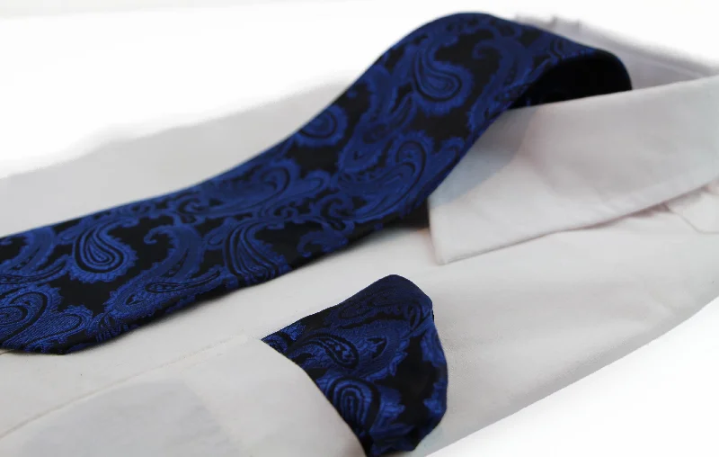 premium necktie designs for office wear-Mens Black & Navy Paisley Patterned Neck Tie & Matching Pocket Square Set