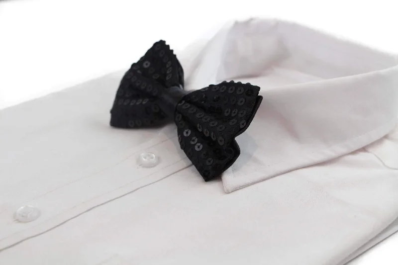 unique necktie designs for office-Mens Black Sequin Patterned Bow Tie