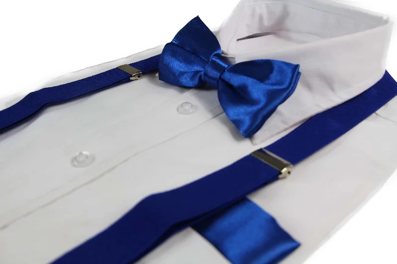 casual silk bow ties-Mens Blue 100cm Suspenders & Matching Bow Tie & Pocket Square Set