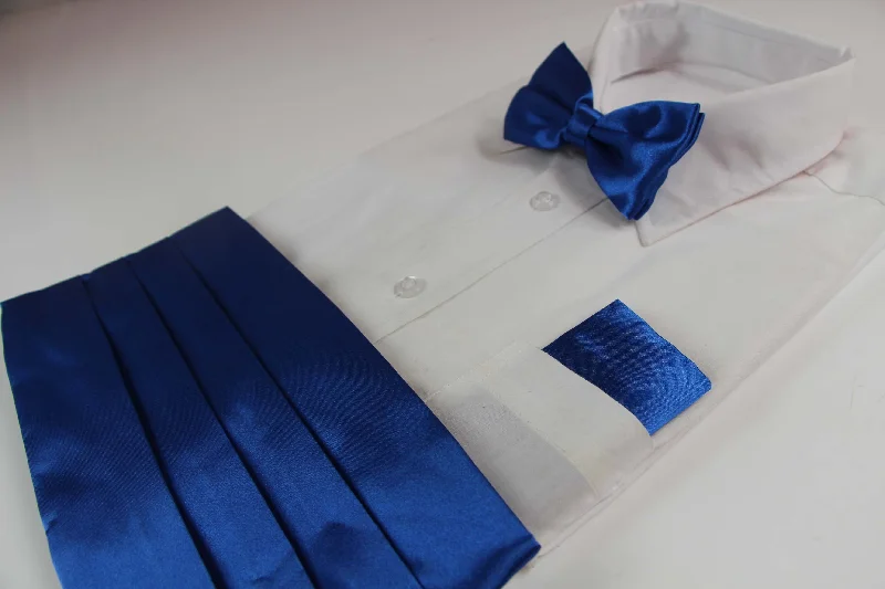 men's business bow tie sets-Mens Blue Cummerbund & Matching Plain Bow Tie And Pocket Square Set