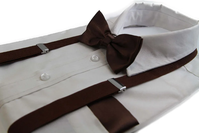 professional interview neckties-Mens Brown 100cm Suspenders & Matching Bow Tie & Pocket Square Set