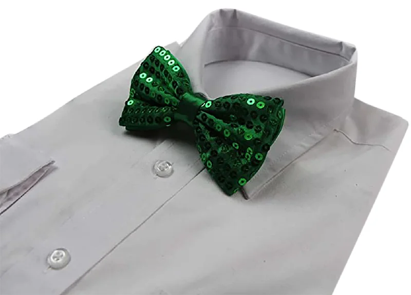 luxury business necktie sets-Mens Green Sequin Patterned Bow Tie