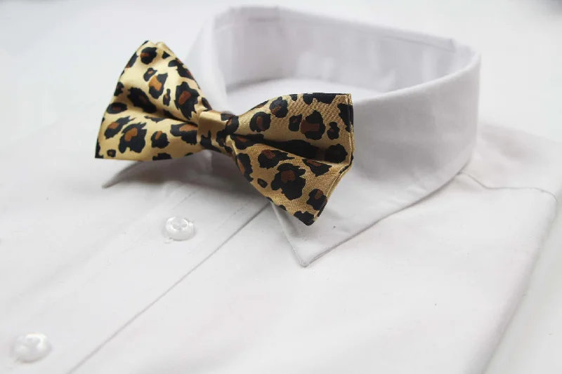 business casual silk bow ties-Mens Gold Leopard Print Patterned Bow Tie