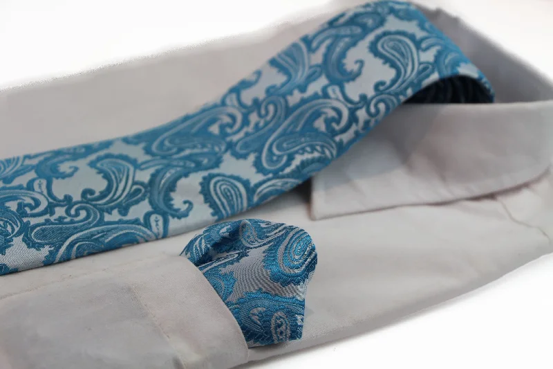 luxury wedding necktie designs-Mens Light Blue & Sky Blue Paisley Patterned Neck Tie & Matching Pocket Square Set