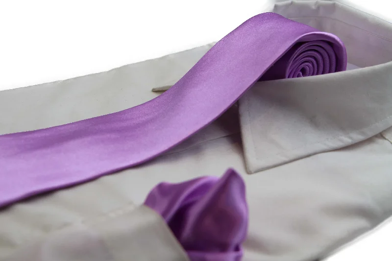 trendy necktie designs for work-Mens Light Purple 8cm Neck Tie & Matching Pocket Square Set