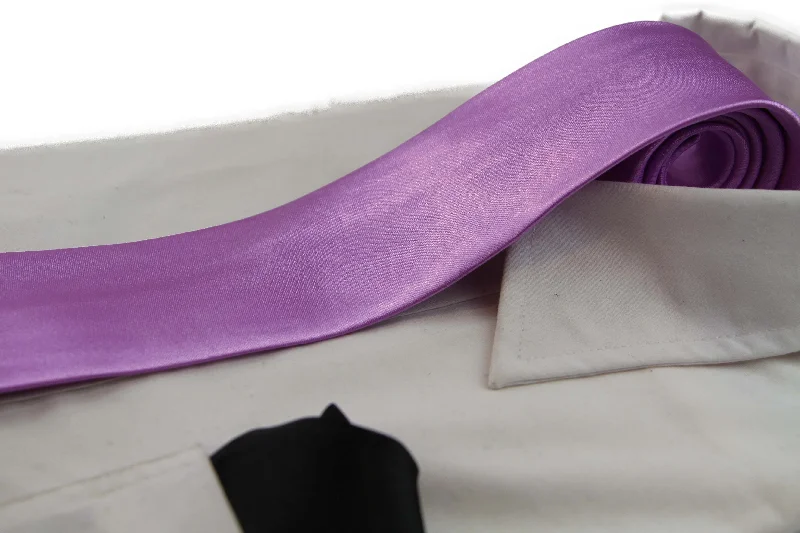 casual silk necktie designs-Mens Light Purple 8cm Neck Tie & Black Pocket Square Set