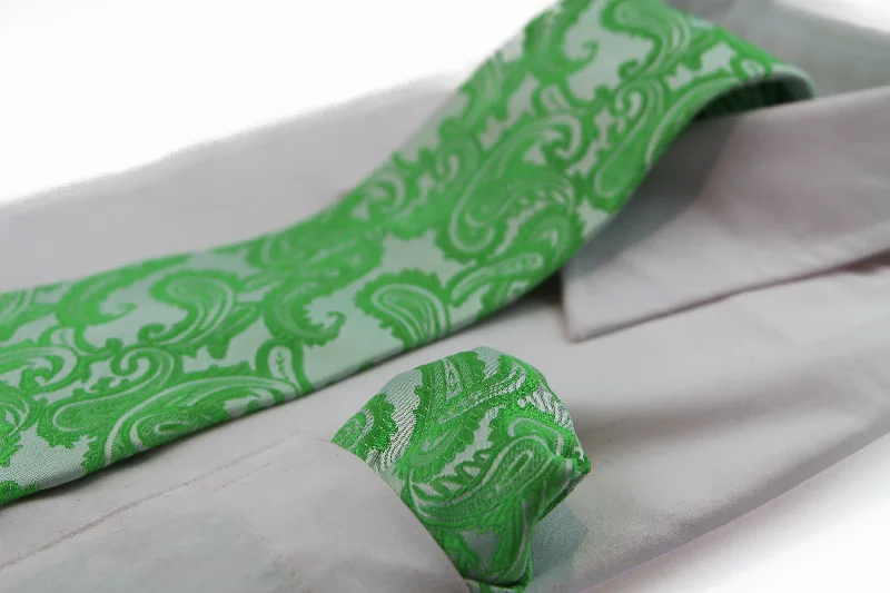 luxury necktie options for men-Mens Lime Green Paisley Patterned Neck Tie & Matching Pocket Square Set