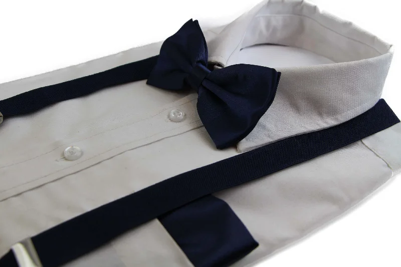 trendy silk bow ties for formal wear-Mens Midnight Blue 100cm Suspenders & Matching Bow Tie & Pocket Square Set