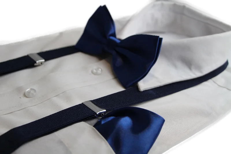 luxury silk wedding necktie sets-Mens Navy 100cm Suspenders & Matching Bow Tie & Pocket Square Set