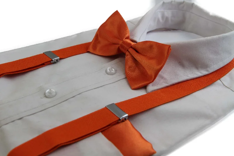 modern silk necktie designs for men-Mens Orange 100cm Suspenders & Matching Bow Tie & Pocket Square Set