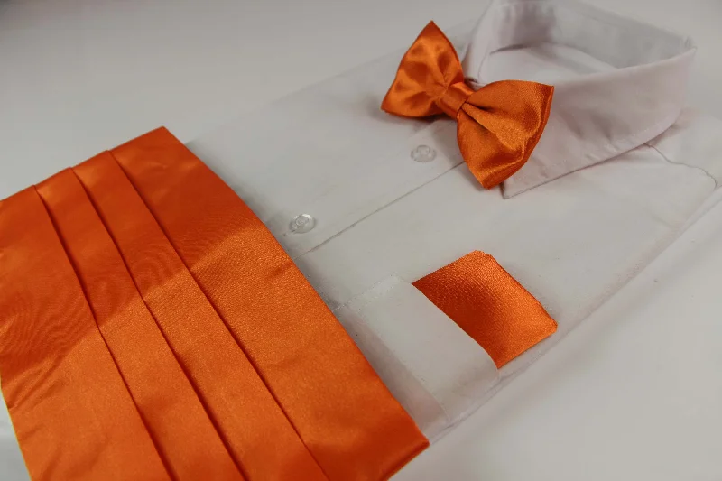 classic color ties for men-Mens Orange Cummerbund & Matching Plain Bow Tie And Pocket Square Set