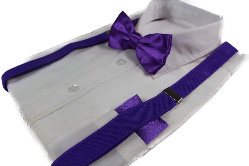 colorful bow ties for weddings-Mens Purple 100cm Suspenders & Matching Bow Tie & Pocket Square Set