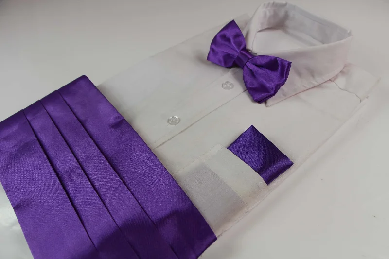 comfortable silk neckties-Mens Purple Cummerbund & Matching Plain Bow Tie And Pocket Square Set