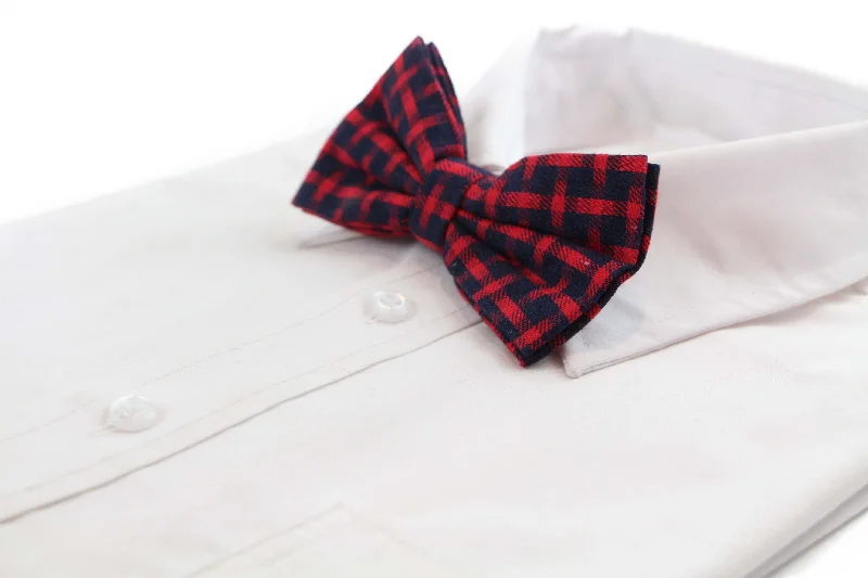 bold color ties for office wear-Mens Red Thick Double Layered Checkered Cotton Bow Tie