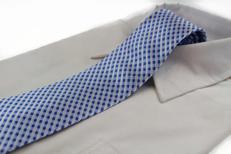 casual wedding neckties for men-Mens White & Blue 8cm Patterned Neck Tie