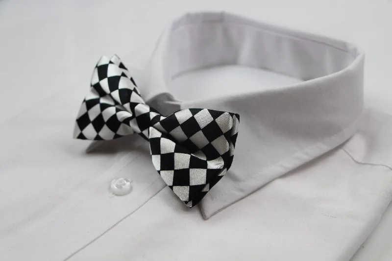 colorful office neckties-Mens White & Black Checkered Block Patterned Bow Tie