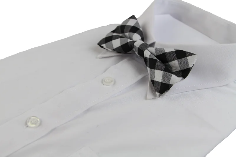 luxury silk wedding necktie sets-Mens White & Black Large Checkered Patterned Bow Tie