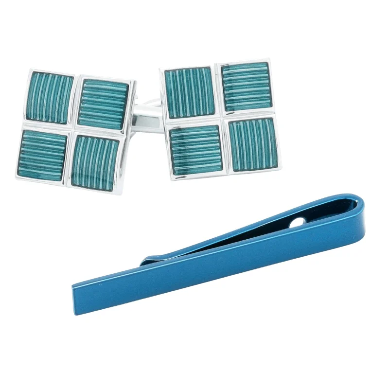 affordable necktie styles-Metallic Blue Cufflinks and Tie Bar Set