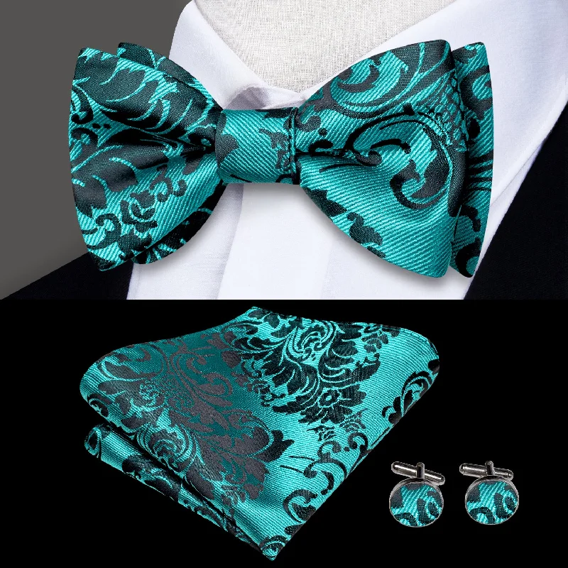 luxury patterned neckties-Mint Green Floral Self-tied Bow Tie Pocket Square Cufflinks Set