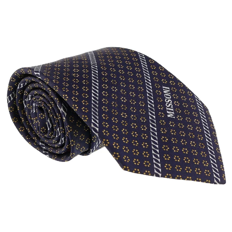 men's silk wedding necktie sets-Missoni Micro Floral Navy Blue/Gold Woven 100% Silk Tie for mens